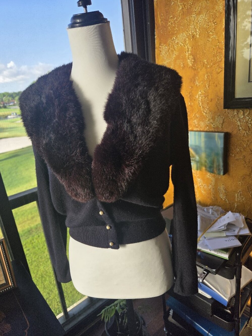 Vintage Wool Cardigan with Real Fur Collar